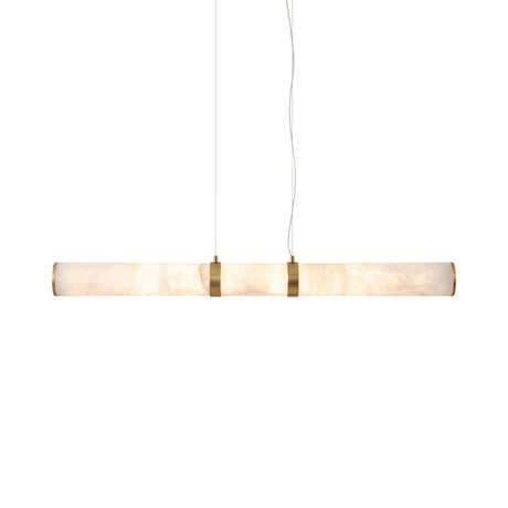 Oria LED Linear Alabaster Chandelier 1.2m in Brass, a long cylindrical pendant light with warm-lit alabaster tube joined by brass hardware, shown on a plain white background.