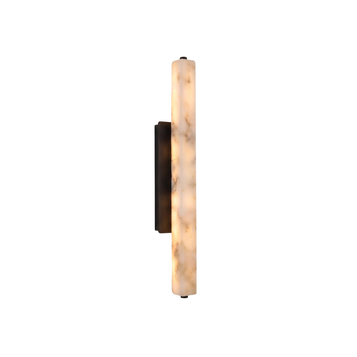 Selvara LED Small Alabaster Wall Light in Matt Black, a vertical alabaster panel with matte black end caps and rectangular back plate, shown lit against a plain white background.