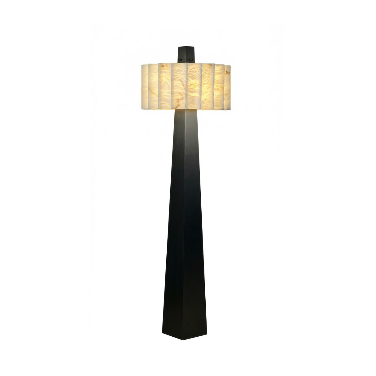 The Venus 1 Light Alabaster Floor Lamp in soft white and matte black features a tall, four-sided tapered base and a marbled alabaster cylindrical shade, shown against a plain white background.