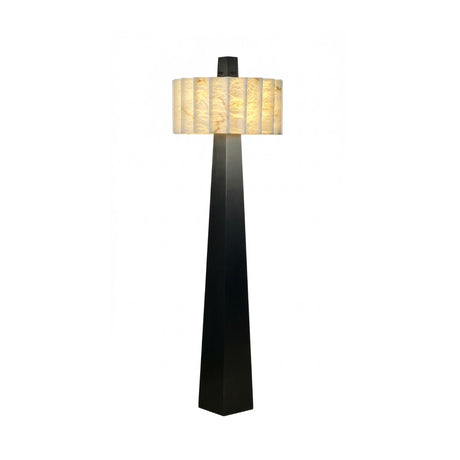 The Venus 1 Light Alabaster Floor Lamp in soft white and matte black features a tall, four-sided tapered base and a marbled alabaster cylindrical shade, shown against a plain white background.