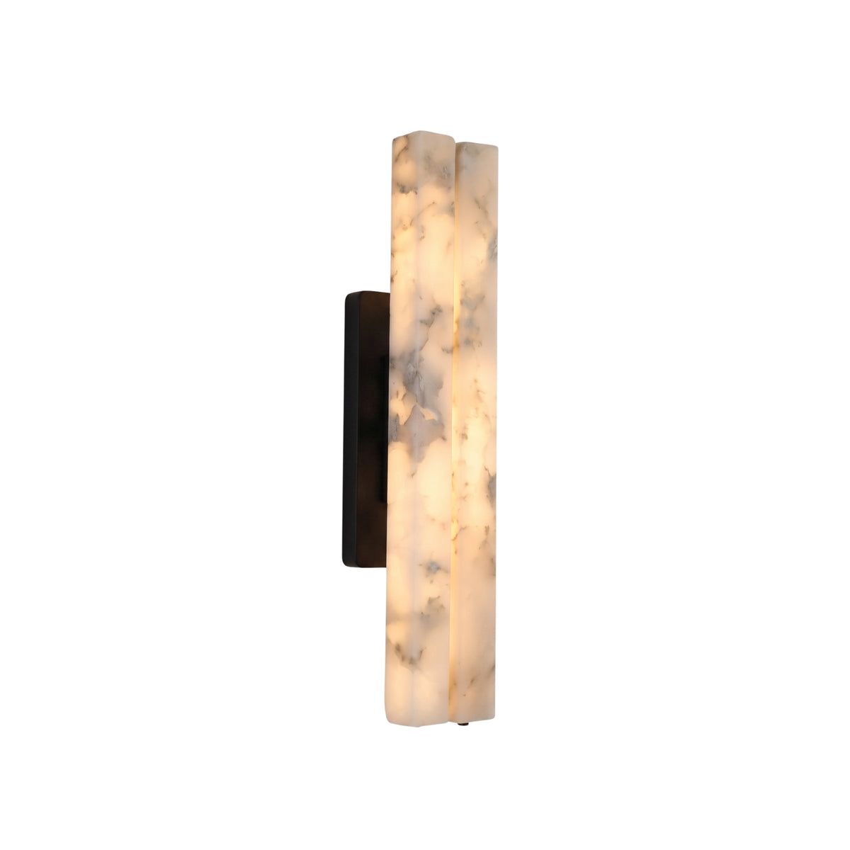 Selvara LED Small Alabaster Double Wall Light in Matt Black, featuring two vertical alabaster columns on a black rectangular backplate, lit warm white against a plain white background.