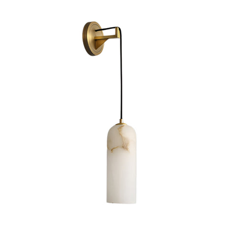 The Seradina 1 Light Alabaster Wall Light features a modern minimalist design with a brass finish and a soft white cylindrical alabaster shade with natural veining.