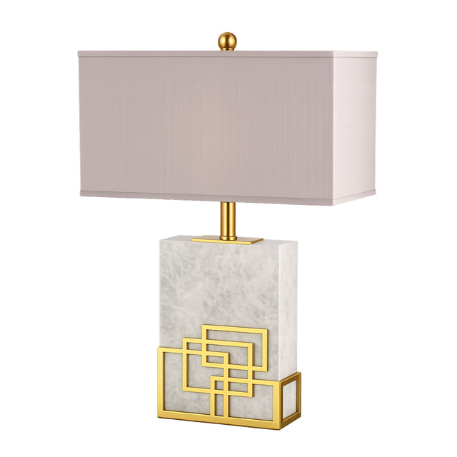 The Veridan 1 Light Framed Marble Table Lamp features a rectangular grey marble base, brass geometric accents, and a large rectangular beige shade topped with a gold finial for an elegant finish.