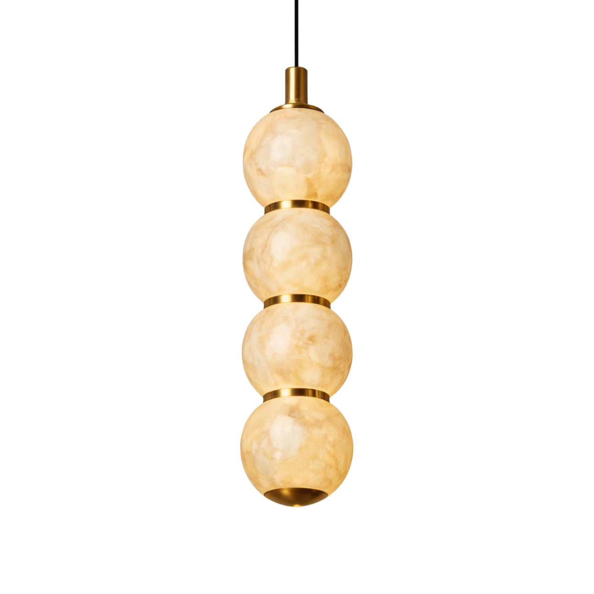 The Lumina 4 Light Orb Alabaster Single Pendant Light features four stacked, soft white alabaster globes with brass accents, suspended by a black cord for a sleek, modern look.