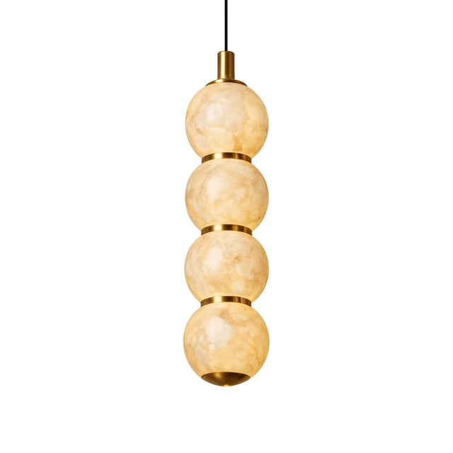 The Lumina 4 Light Orb Alabaster Single Pendant Light features four stacked, soft white alabaster globes with brass accents, suspended by a black cord for a sleek, modern look.