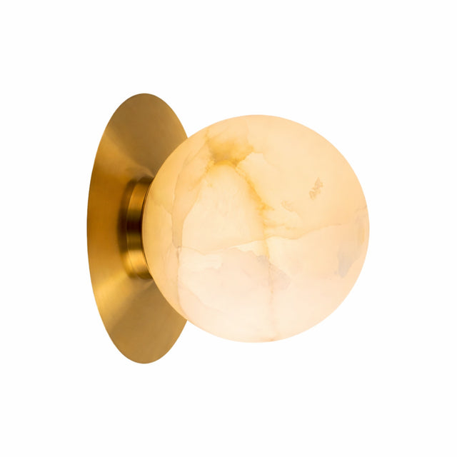 The Noctyra 1 Light Alabaster Wall Light features a gold metallic brass base and a frosted, marble-patterned glass globe in soft white, evoking Spanish alabaster elegance against a white background.
