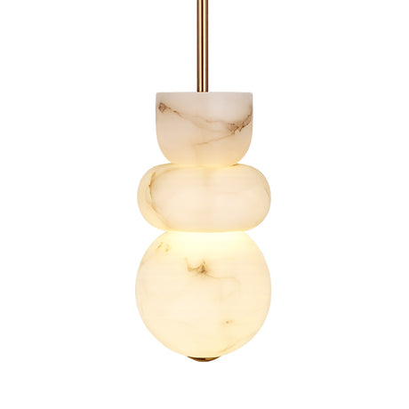 The Morvex LED Small Stacked Alabaster Single Pendant Light in Soft White & Brushed Brass features three rounded alabaster shapes in varying sizes, suspended from a brass rod, softly glowing through the marbled white surface.