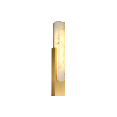 The Nerava LED Small Slim Column Alabaster Wall Light features a vertical frosted glass shade with subtle alabaster marbling, mounted on a brass base and illuminated with soft white light.