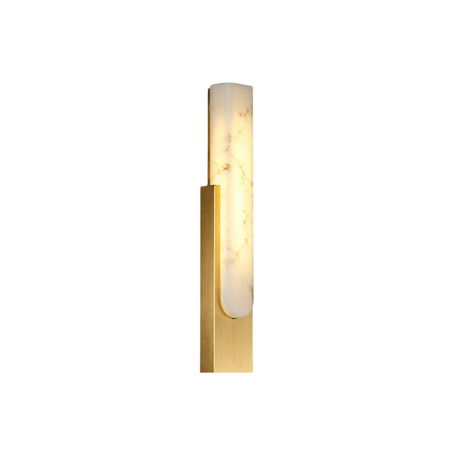 The Nerava LED Small Slim Column Alabaster Wall Light features a vertical frosted glass shade with subtle alabaster marbling, mounted on a brass base and illuminated with soft white light.