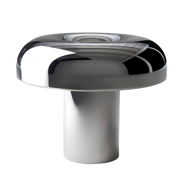 The Arven LED Mushroom Form Marble Table Lamp in soft white and black features a shiny, metallic mushroom-shaped shade and a sleek cylindrical base, set against a white background.