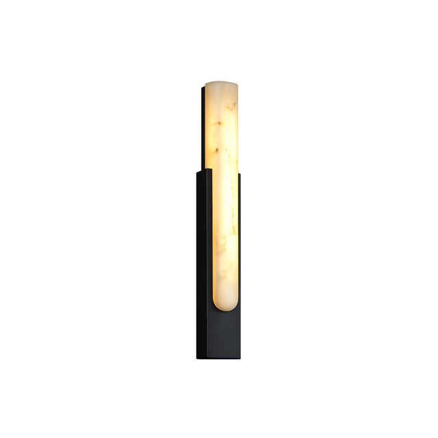 The Nerava LED Small Segmented Alabaster Wall Light features a vertical black base and a cylindrical alabaster-patterned diffuser, casting a warm soft white glow.