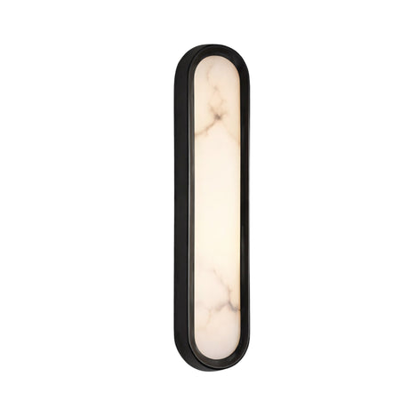 The Aurex LED Vertical Alabaster Wall Light showcases a modern oval design in matte black with a glowing, Spanish alabaster-inspired white center panel.