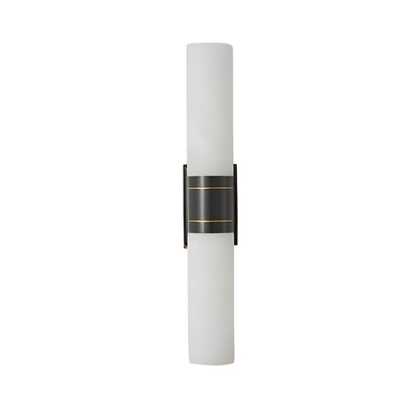 The Velaris 2 Light Double Alabaster Wall Light features a soft white cylindrical frosted glass shade, centered by a black bracket with two thin gold accents, set against a white background.
