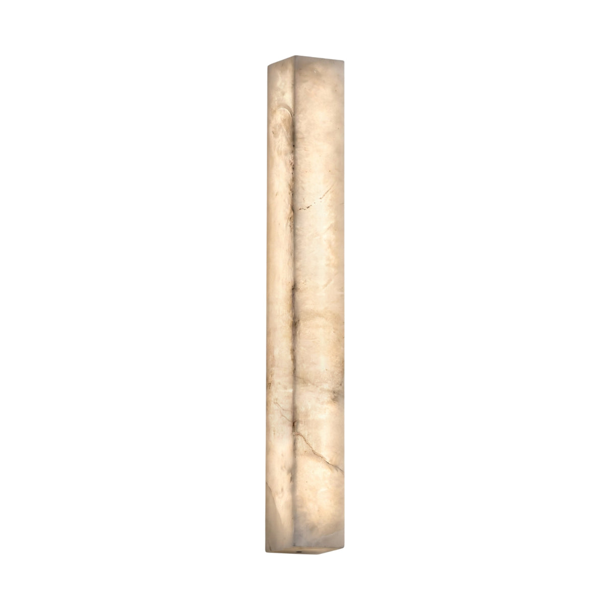 Valmera LED slim vertical wall light in natural alabaster, tall rectangular stone column with soft white integrated glow, shown on a plain white background.