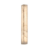 Valmera LED slim vertical wall light in natural alabaster, tall rectangular stone column with soft white integrated glow, shown on a plain white background.