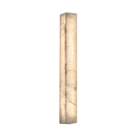 Valmera LED slim vertical wall light in natural alabaster, tall rectangular stone column with soft white integrated glow, shown on a plain white background.
