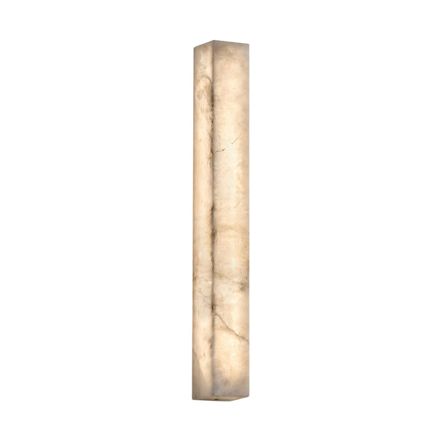 Valmera LED slim vertical wall light in natural alabaster, tall rectangular stone column with soft white integrated glow, shown on a plain white background.