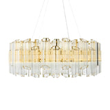 Niori Allora 12 Light Crystal Tube Chandelier in gold, round two-tier design with clear faceted crystal tubes suspended from three cables on a white background.