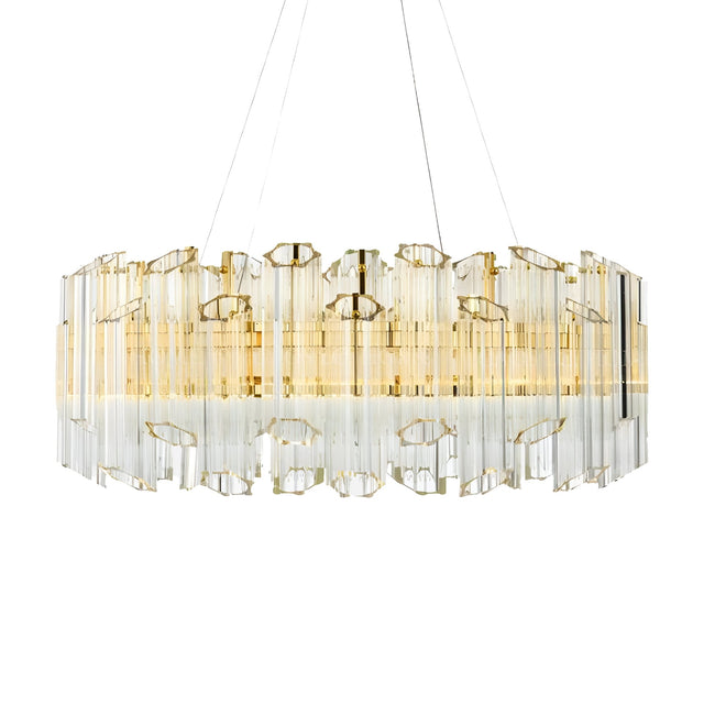 The Allora 12 Light Crystal Chandelier - Gold showcases polished gold accents and vertical clear glass prisms, elegantly suspended by slim silver cables against a white background.