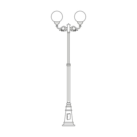 Rondel Large cast aluminium outdoor lamp post, 288cm tall, with scrolled double arm and two round opal globe shades on a panelled base, shown as a line illustration on a white background.