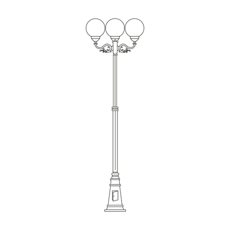 Rondel Large cast aluminium outdoor 3 light lamp post, 288cm tall with scrolled arms, three round opal globes and a decorative base, line illustration on white background.