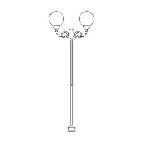 Rondel Large cast aluminium outdoor lamp post with twin scrolled arms and two opal globe shades on a tall fluted column, shown in line-art style on a plain white background.