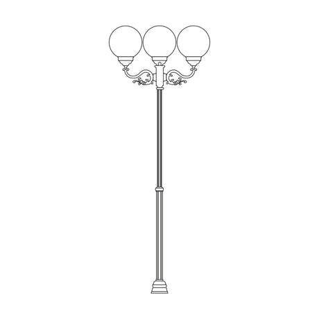 Rondel Large cast aluminium outdoor lamp post with 3 opal globe lanterns on scrolled brackets, adjustable 162-246cm column, shown on a plain white background.