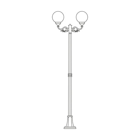 Rondel Low cast aluminium outdoor lamp post, 218cm, with two globe lanterns on scrolled arms atop a slim fluted column and ribbed flange base, shown in line-drawing style on a white background.
