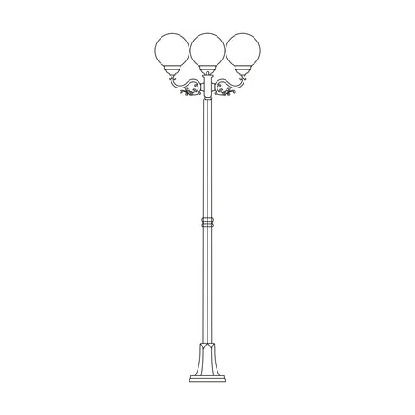 Rondel Low cast aluminium outdoor lamp post, 218cm column with scrolled arms holding 3 round globe lanterns, ribbed flange base, line illustration on white background.