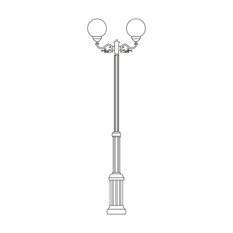Rondel Small cast aluminium outdoor lamp post, 149-214cm, with two round opal globe lanterns and ornate scrollwork atop a fluted column, shown in line-drawing style on a white background.