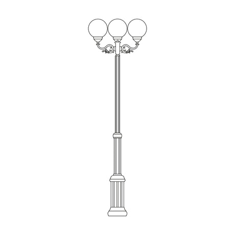 Rondel Small cast aluminium outdoor lamp post, 149-214cm, with fluted column, scrolled arms, and 3 globe lanterns, shown as a line illustration on a white background.