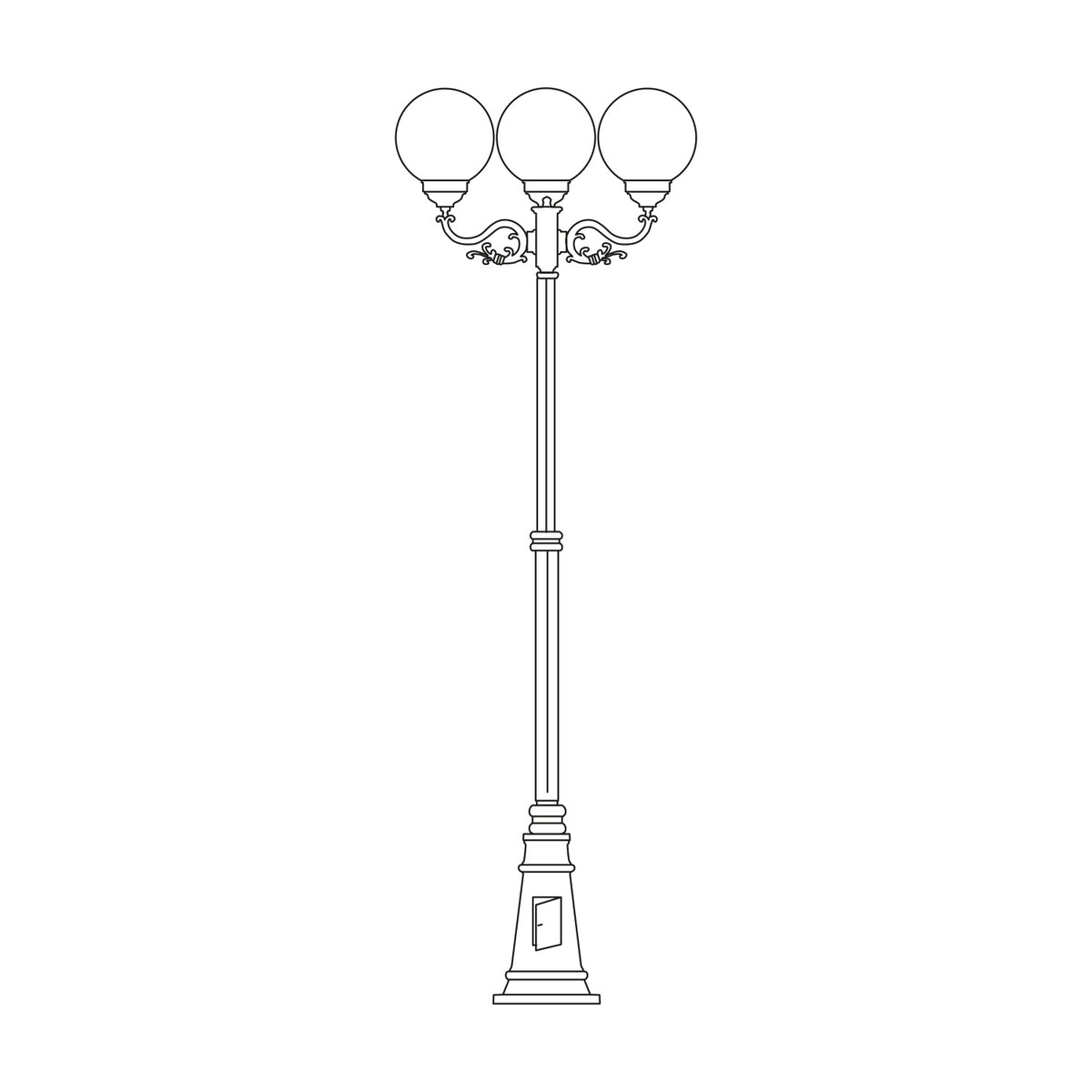Rondel cast aluminium outdoor lamp post, 243cm, with 3 opal globe lanterns on scrolled arms atop a tall column and tapered plinth base, line drawing on white background.