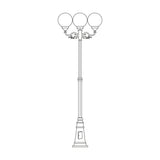 Rondel cast aluminium outdoor lamp post, 243cm, with 3 opal globe lanterns on scrolled arms atop a tall column and tapered plinth base, line drawing on white background.