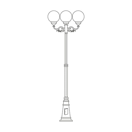 Rondel cast aluminium outdoor lamp post, 243cm, with 3 opal globe lanterns on scrolled arms atop a tall column and tapered plinth base, line drawing on white background.