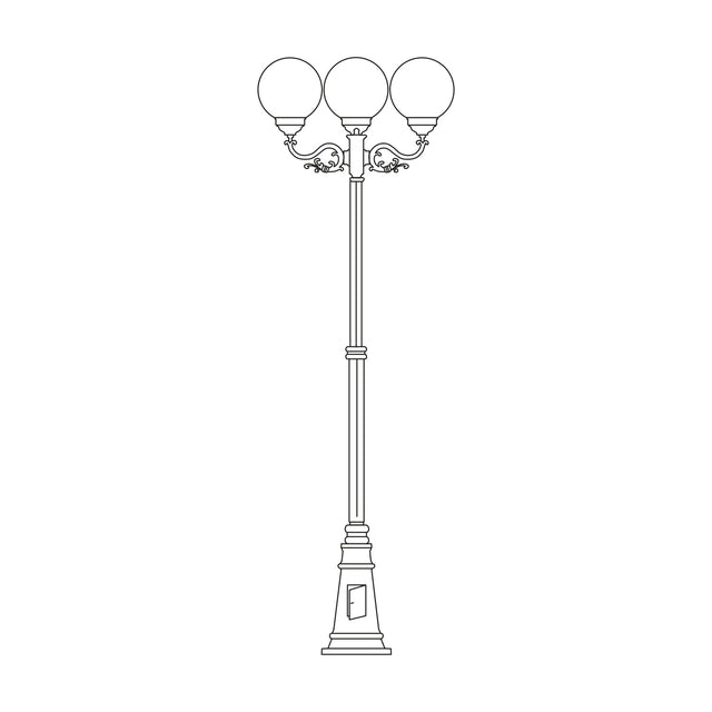 Rondel cast aluminium outdoor lamp post, 243cm, with 3 opal globe lanterns on scrolled arms atop a tall column and tapered plinth base, line drawing on white background.