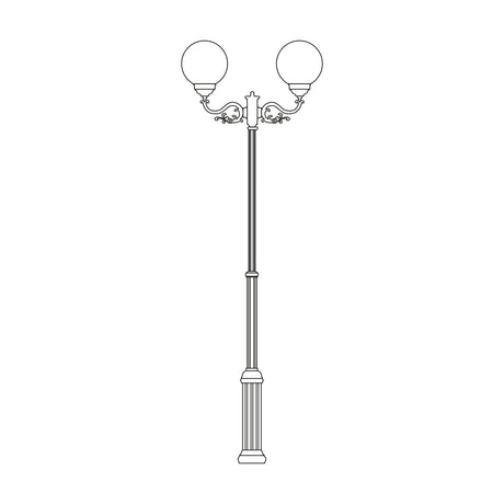 Rondel Large cast aluminium outdoor lamp post with fluted column and 2 round opal globe lanterns on scrolled arms, shown on a plain white background.