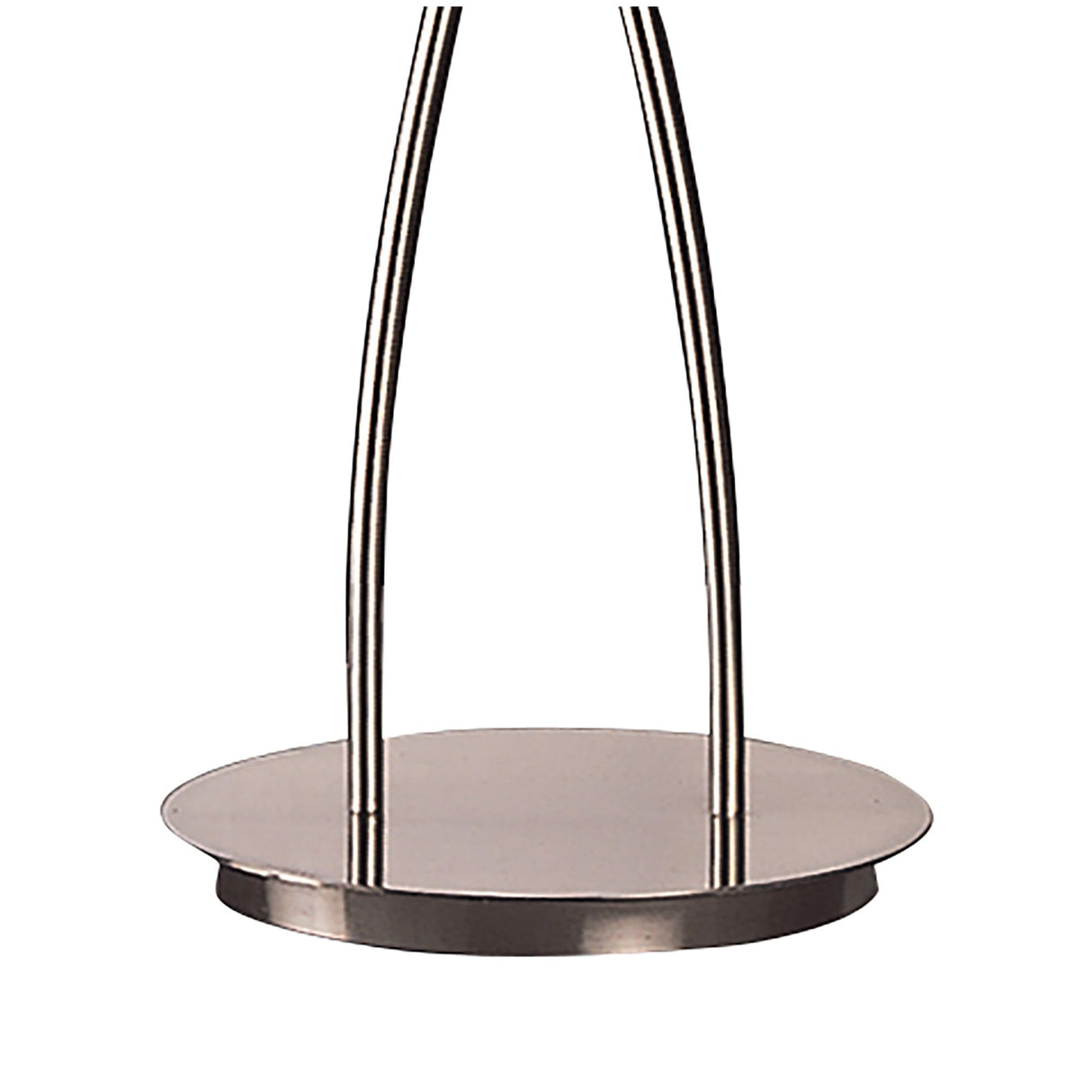 A close-up of the Amel 2 Light Floor Lamp’s polished chrome base shows two vertical rods curving upward from a round, flat platform in a shiny silver finish.