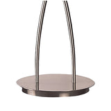 A close-up of the Amel 2 Light Floor Lamp’s polished chrome base shows two vertical rods curving upward from a round, flat platform in a shiny silver finish.