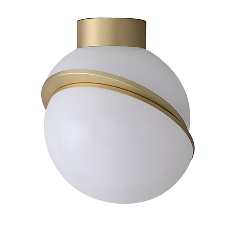 The Arc Ceiling Light - Gold & White features a frosted glass globe with a brushed brass trim encircling it diagonally and a gold base, offering stylish ambient lighting for any room.