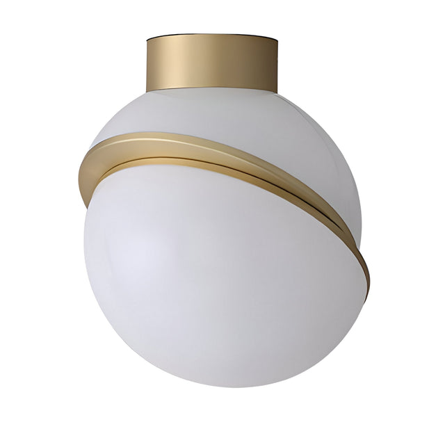 The Arc Ceiling Light - Gold & White features a frosted glass globe with a brushed brass trim encircling it diagonally and a gold base, offering stylish ambient lighting for any room.