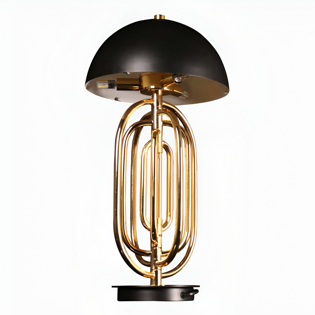 The Ascot 4 Light Large Table Lamp in black and gold features a modern Art Deco design with a shiny gold tuba-shaped base and a round black shade, offering adjustable lighting against a plain white background.