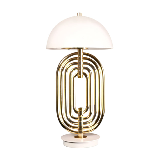 The Ascot 4 Light Large Table Lamp features a white dome-shaped shade and a base with gold-finished concentric oval rings on a round white platform, combining modern Art Deco style in elegant white and gold.