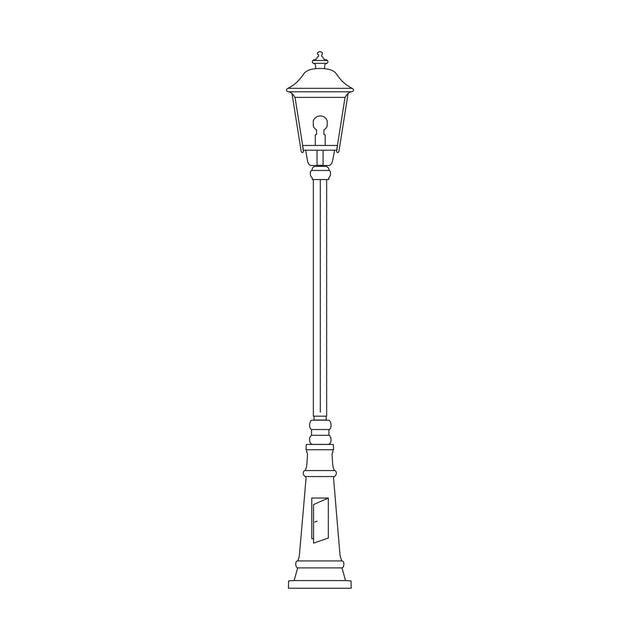 Gable Cast Aluminium Outdoor Lamp Post, 191cm, line drawing of a tall traditional post light with hexagonal lantern, pagoda roof and panelled base on a plain white background.