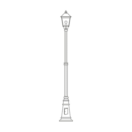 Gable Copper Top Outdoor Lamp Post 249cm with cast plinth, a tall straight-sided column topped by a six-pane pagoda-roof lantern, shown line-drawn on a plain white background.