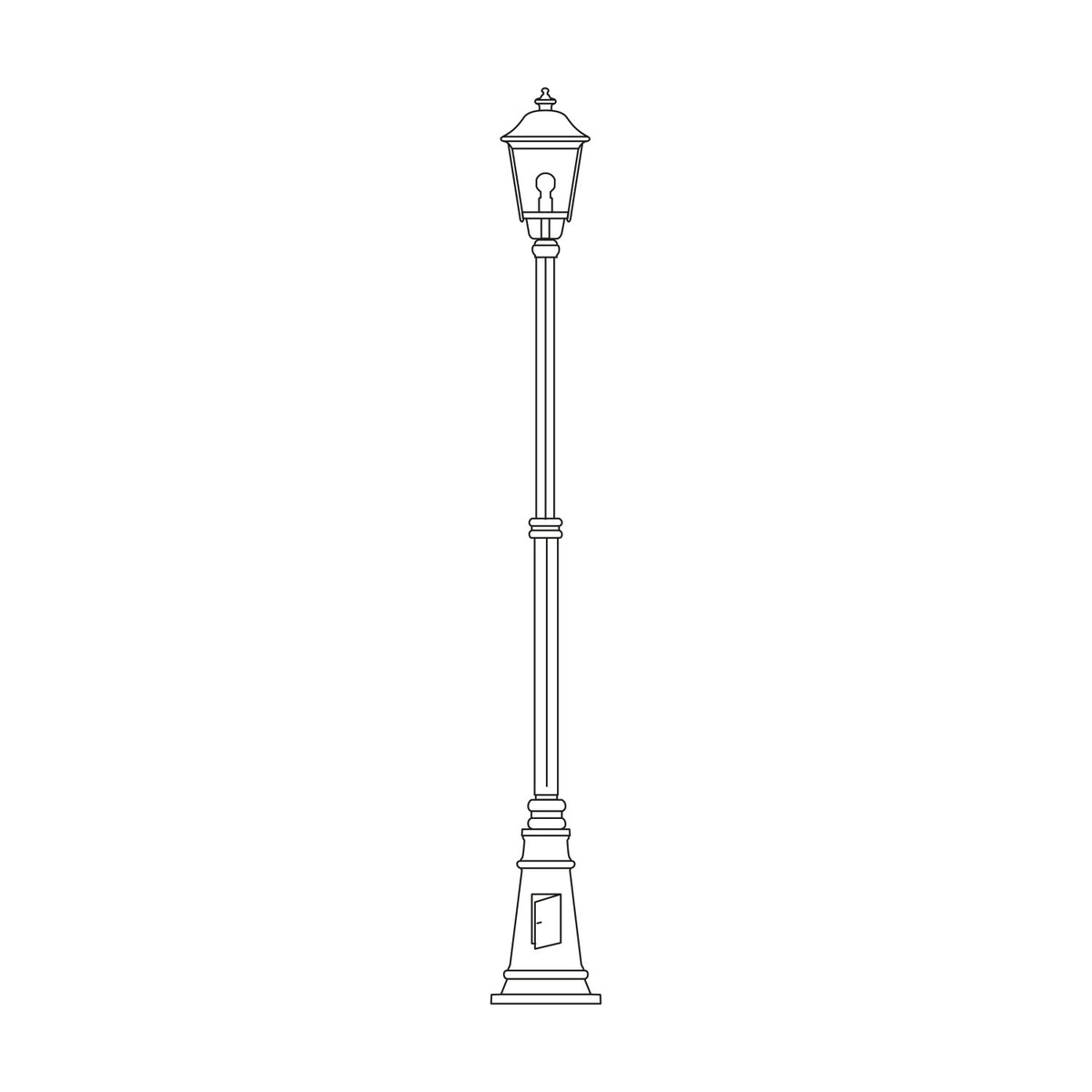 Gable cast aluminium outdoor lamp post, 249cm tall with a six-panelled lantern head on a slender column and cast plinth base, shown in black on a plain white background.