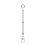 Gable cast aluminium outdoor lamp post, 249cm tall with a six-panelled lantern head on a slender column and cast plinth base, shown in black on a plain white background.