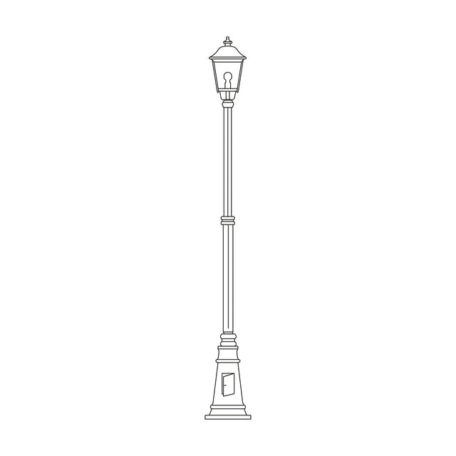 Gable cast aluminium outdoor lamp post, 249cm tall with a six-panelled lantern head on a slender column and cast plinth base, shown in black on a plain white background.