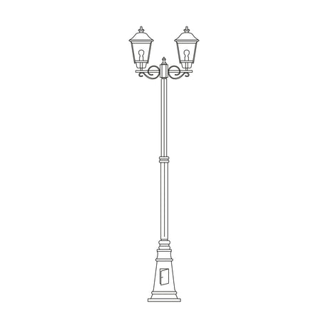 Gable cast aluminium outdoor lamp post, 249cm, with 2 hexagonal lantern heads, glass panes and a cast plinth base, in black finish on a plain white background.