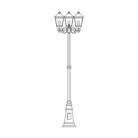 Gable outdoor 3-light lamp post, 249cm cast aluminium column with hexagonal glass lanterns, pagoda roofs and traditional cast plinth base, shown on a white background.