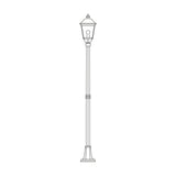 Gable cast aluminium outdoor lamp post, 211cm, with six-pane pagoda-roof lantern atop a slim column on a wide ribbed flange-plate foot, line drawing on a white background.